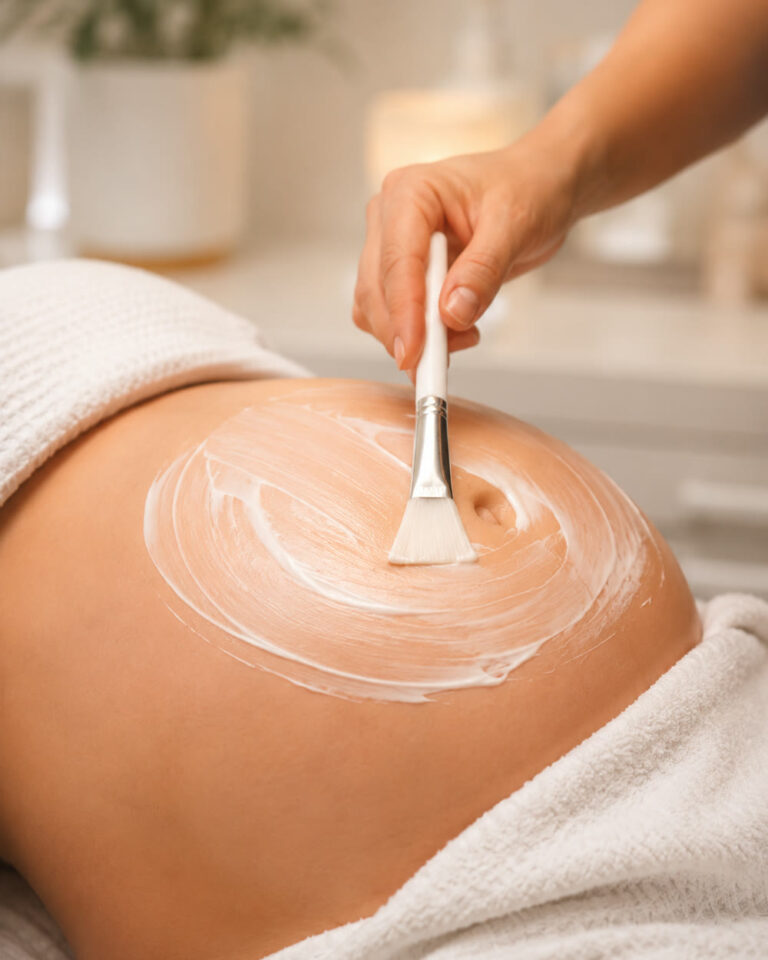 Ein Pinsel trägt Creme auf einen Babybauch auf